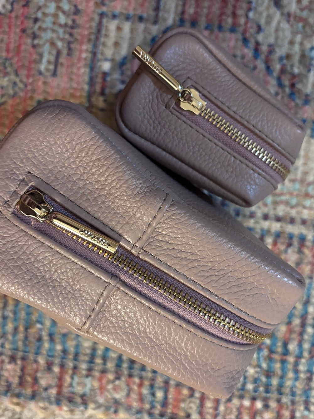 Cuyana Pebbled Leather Cosmetic Pouches in Mauve Taupe with Gold Hardware